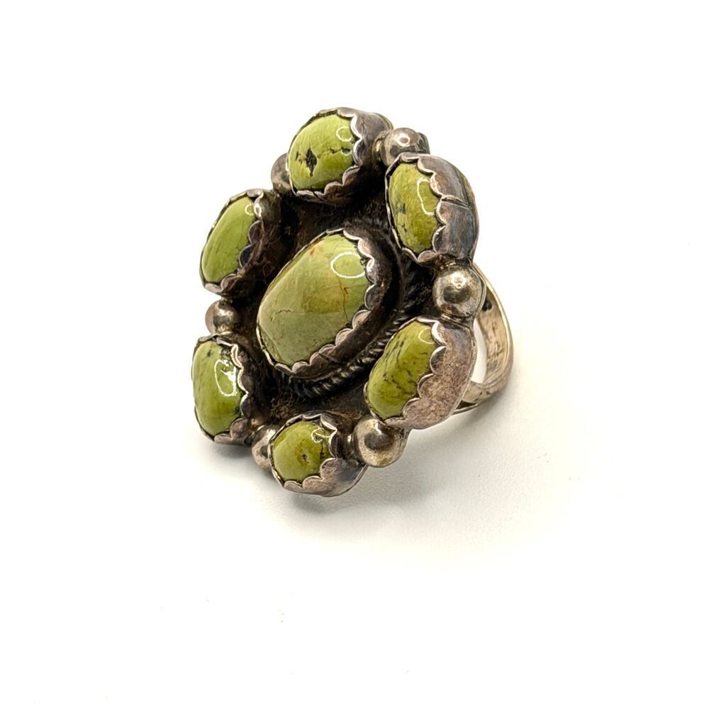 Vintage 90s Lime Green Gaspeite Sterling Silver Southwestern Cluster Ring